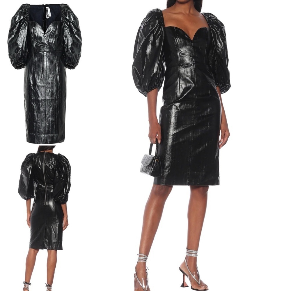 Rotate Birger Christensen Irina Faux Leather Midi Dress Puff Sleeve Black‎ 6
